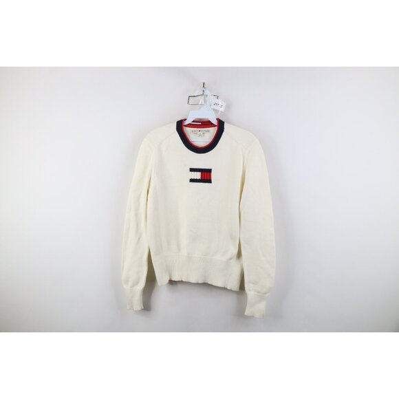 Vintage 90s Y2K Tommy Hilfiger Womens M Babydoll Center Logo Knit Sweater Cream - Picture 1 of 13